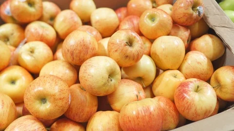 Much apples in boxes in grocery store Stock Footage 111260245