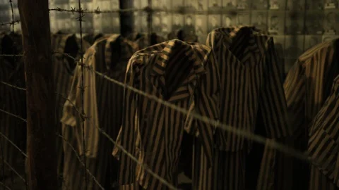 Much clothes for prisoners, vertical light dark stripes, behind barbed wire 動画素材 114622260