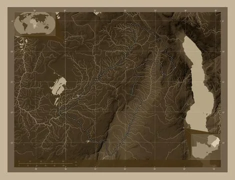 Muchinga, Zambia. Elevation map colored in sepia tones with lakes and rivers 스톡 일러스트