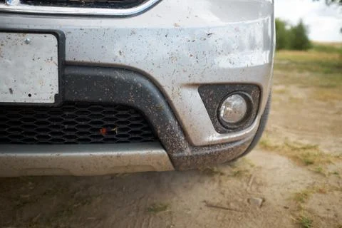 Mud and insect splattered front bodywork of a car Stock Photos
