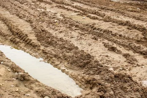 Mud and puddle on a sandy road Stock Photos