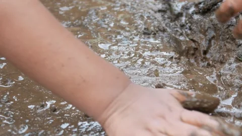 Mud covered hands of a child.  Children playing in mud Stock Footage 304771434