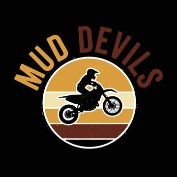 Mud Devils logo with a motorcyclist riding in a circular design tshirt design Stock Illustration