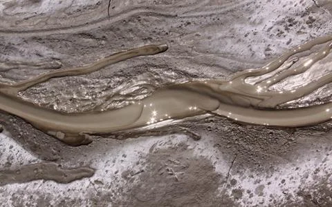 Mud liquid flowing from mud volcano, Romania Stock Photos
