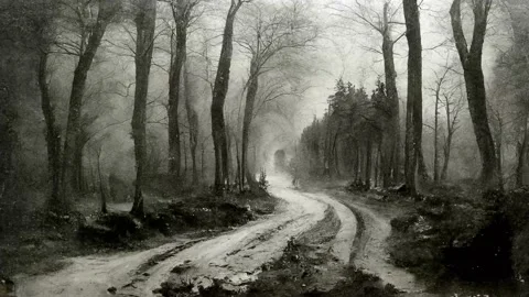 Mud road in the forest with mist and sad ambiance.faux-fixe vibrant loop an.. Stock Footage 237774713