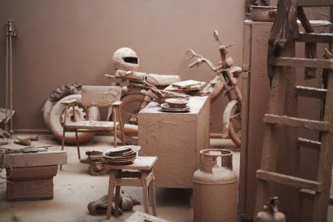 Mud room, interior and its elements completely covered in the clay Stock Photos