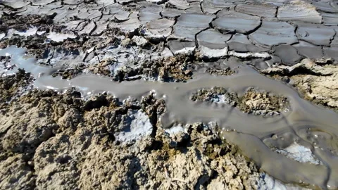 Mud volcano. Always active mud volcanoes surrounded by mountains Stock Footage 277669695