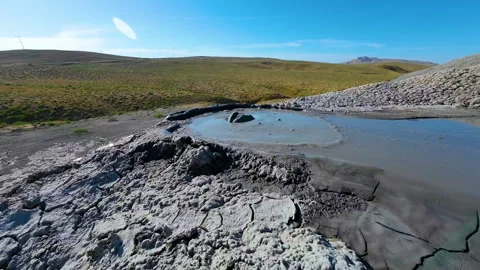 Mud volcano. Always active mud volcanoes surrounded by mountains Stock Footage 277669707