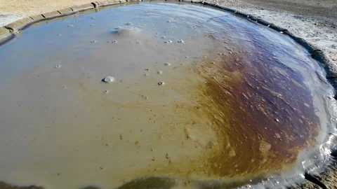 Mud volcano. Always active mud volcanoes surrounded by mountains Stock Footage 277669772
