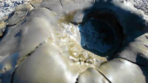 Mud volcano. Always active mud volcanoes surrounded by mountains Stock Footage 277669836