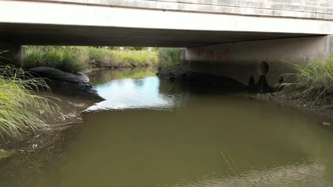 Muddy Creek Approaching Overpass Underneath Stock Footage 218304871