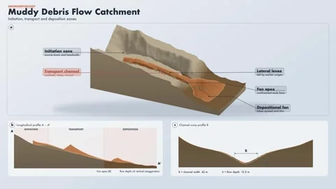 Muddy Debris Flow Catchment Zone Diagram Soft Isometric 스톡 동영상 343818658