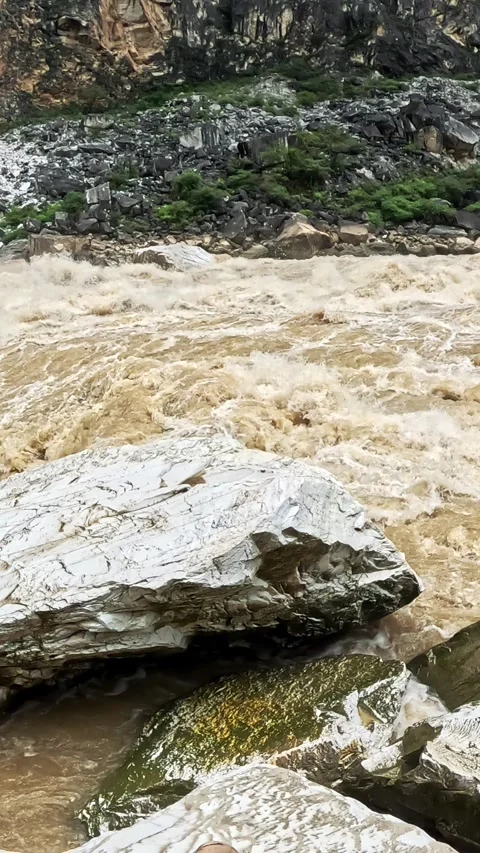 Muddy Rapids Raging Through Tiger Leaping Gorge, Yunnan, Vertical Stock Footage 341340859