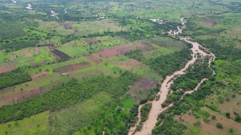 Muddy river running through rural villages in Tanzania, Africa Stock Footage 235443907