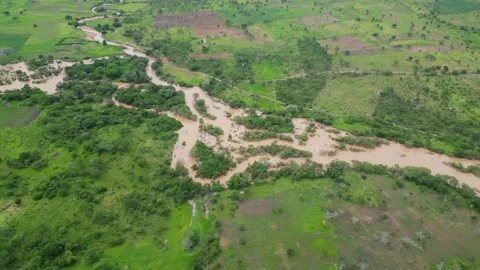 Muddy river running through rural villages in Tanzania, Africa Stock-Footage 235444497