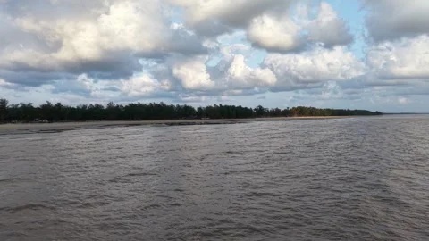 Muddy water flows toward distant green shoreline 库存影片 337720332