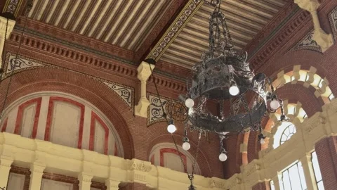 Mudejar ceiling inside the historic Aranjuez railway station Spain Stock Footage 340558622