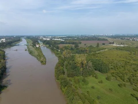 Mudflow of water in the Oder River of brown color. Poland. View from above... Stock-Fotos
