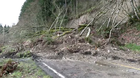Mudslide blocking road April 13,2022 Ohop lake, Washington Stock Footage 182077891
