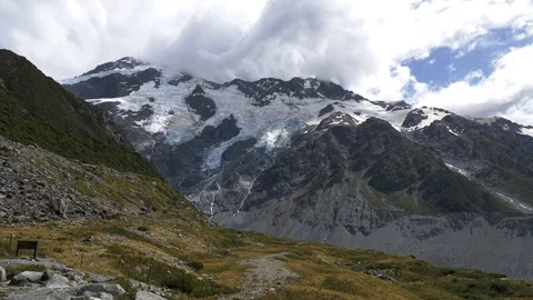 Mueller Alpine Hut and Mountain Landscape in Aoraki Mt, New Zealand Stock Footage 125456342