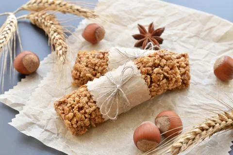 Muesli bars with filbert nuts Stock Photos
