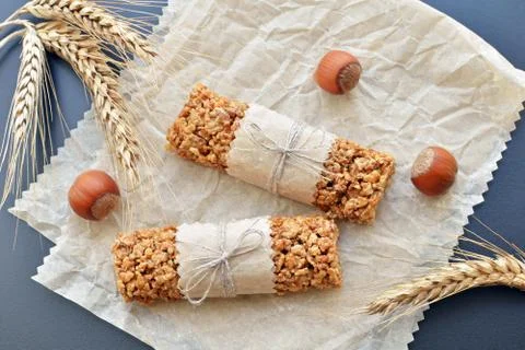 Muesli bars with filbert nuts Stock Photos
