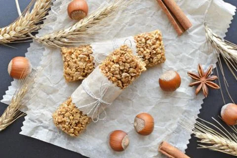 Muesli bars with filbert nuts Stock Photos