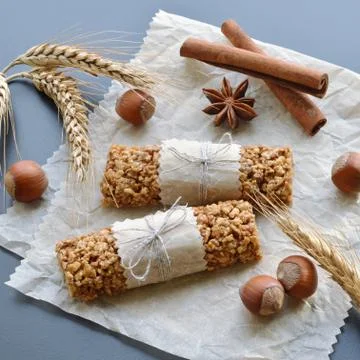 Muesli bars with filbert nuts Stock Photos