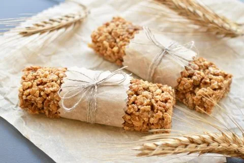 Muesli bars with wheatear Stock Photos