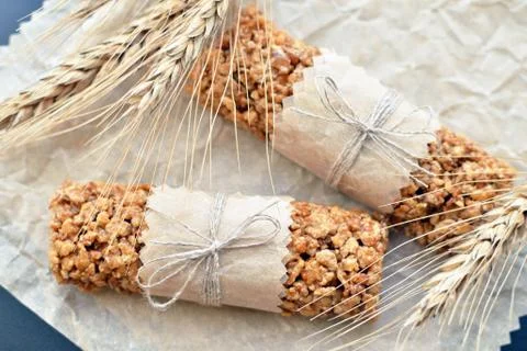 Muesli bars with wheatear Stock Photos