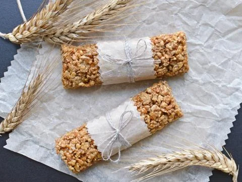 Muesli bars with wheatear Stock Photos