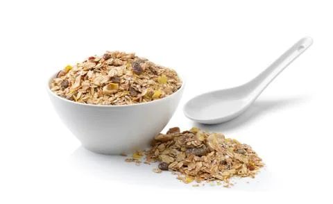 Muesli breakfast placed on white background Stock Photos