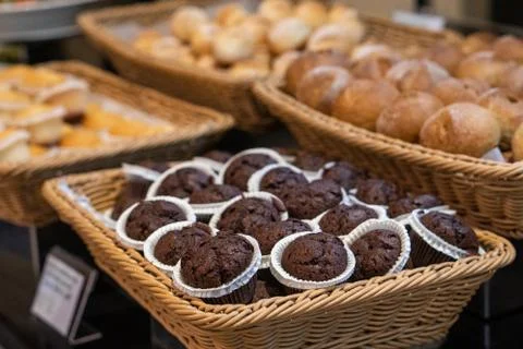 Muffin baskets at breakfast buffet Stock Photos