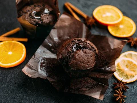 Muffin chocolate on a dark background Stock Photos