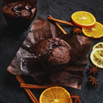 Muffin chocolate on a dark background Stock Photos