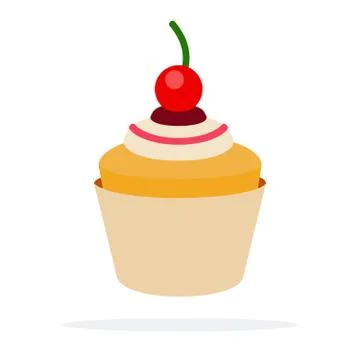 Muffin with cream and cherry flat isolated Stock Illustration
