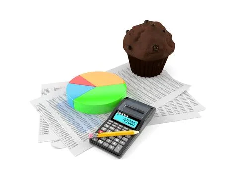 Muffin with documents and calculator Stock Illustration