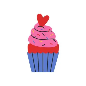 Muffin with red candy in shape of heart. Flat style cupcake. Vector illustr.. Stock Illustration