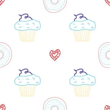 Muffin sealmess pattern. Draw by hand. Cupcake texture. Food vector illustrat Stock Illustration
