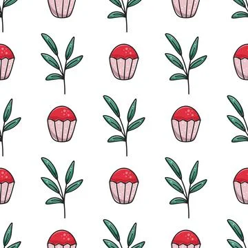 Muffins and leaves seamless pattern Ilustração Stock
