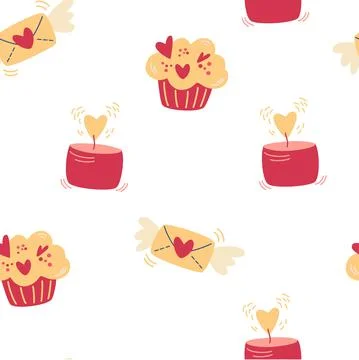 Muffins seamless pattern. Romantic background with cakes, candles and envelop Stock Illustration