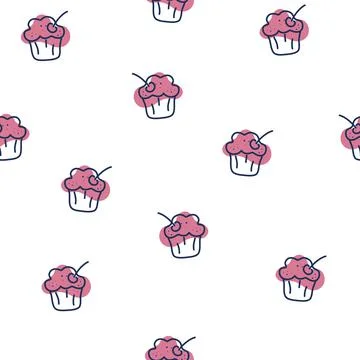 Muffins seamless pattern. Sweet cakes with cherries background. For menus of  Stock Illustration