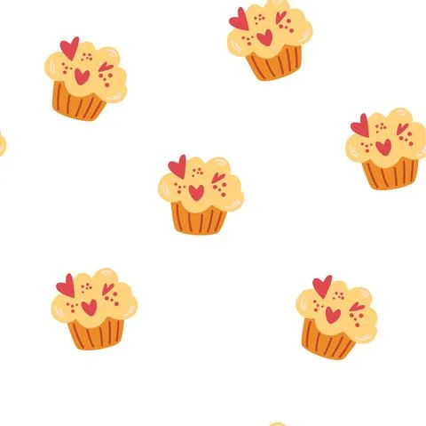 Muffins seamless pattern. Sweet dessert background. Bakery and pastry foods.  Stock Illustration