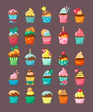 Muffins with topping in cartons flat vector illustration set Stock Illustration