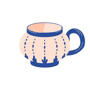 Mug with abstract design in flat style. Ceramic tableware with blue shapes. Hand Stock Illustration