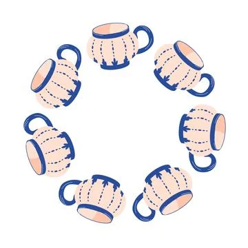 Mug with abstract design wreath in flat style. Ceramic tableware with blue Stock Illustration