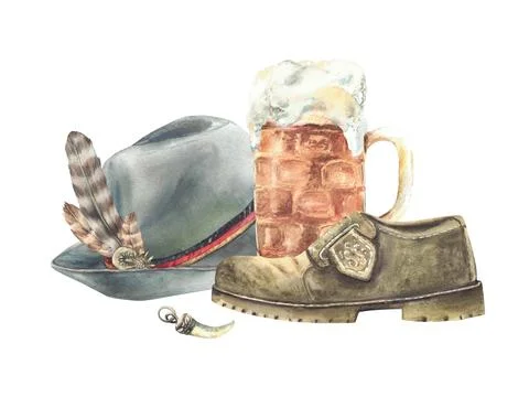 Mug of beer and Germany hat and shoe. Drink with clothes and footwear Watercolor Stock Illustration