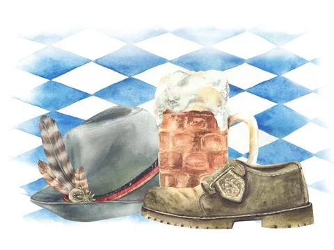 Mug of beer with Germany hat, shoe on background of Bavarian blue rhombuses flag Stock Illustration