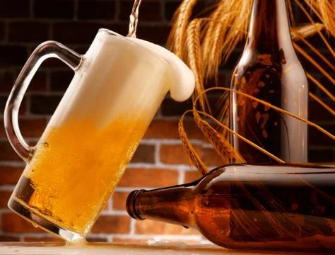Mug of beer poured in rustic setting Stock Photos
