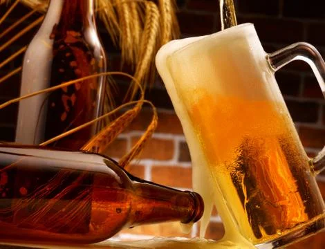 Mug of beer poured in rustic setting Stock Photos